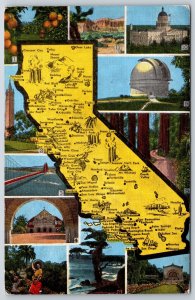 California State Map~Key To Views~Bakersfield~Roseville~Vintage Linen Postcard