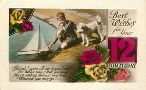 Art Photo Boy Dog Toy Sailboat 12th Birthday roses 1930s RPPC Postcard 656