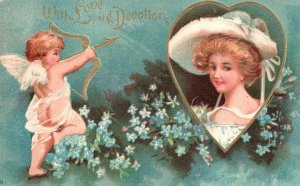 Vintage Postcard 1900's With Love & Devotion Greetings Card Angel & Pretty Girl