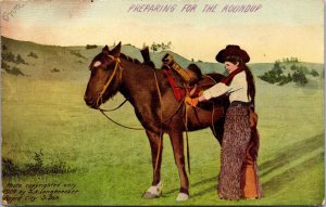 Artist Postcard Woman Preparing For The Roundup