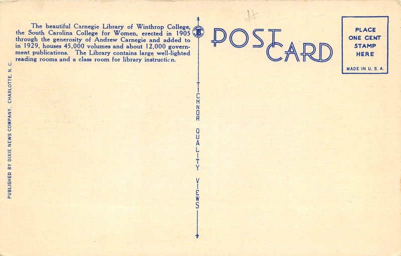 Rock Hill South Carolina 1940s Postcard Library Winthrop College