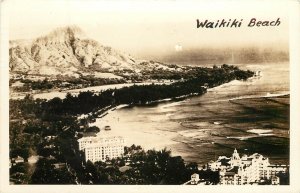 RPPC Postcard Waikiki Beach Honolulu HI Diamond Head, Sent by US Serviceman 1944