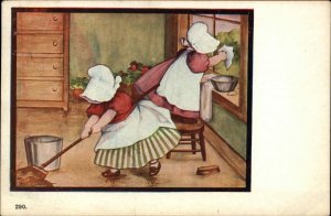 Sunbonnet Bonnet Baby Series Cleaning House Scrubbing c1910 Postcard