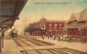 J44/ Watseka Illinois Postcard c1910 Iroquois Hotel Railroad Depot Station 156