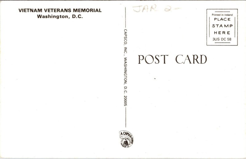 Vietnam Veterans Memorial Washington Dc Unposted Unused Postcard 