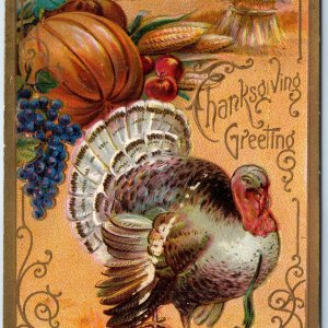 c1910s Cute Delicious Turkey Thanksgiving Autumn Art Nouveau Gilt Embossed A243