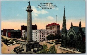 Vtg Baltimore MD Mt Vernon Place M.E. Church Washington Monument 1910s Postcard