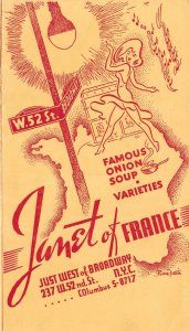 JANET OF FRANCE RESTAURANT MENU-BROADWAY & W 52nd ST-PIERRE FORTIER SIGNED ART