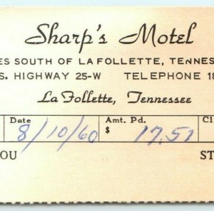 1960 La Follette, Tennessee Sharp's Motel US Highway 25-W Room Receipt Card C2