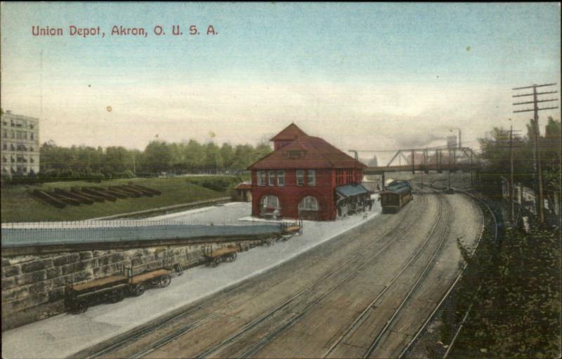 Akron OH Union RR Train Station Depot c1910 Postcard #2