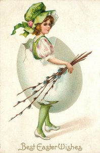 IAPC Embossed Easter Postcard; Girl in Green inside Big Eggshell, Clapsaddle