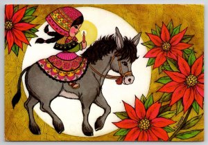 Christmas Pretty Girl Colorful Dress On Cute Donkey Artist R Warner Postcard M22