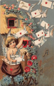 H53/ Valentine's Day Love Holiday Postcard c1910 Cupid Letters Hearts 4