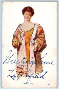 Littlefield Minnesota MN Postcard Greetings Pretty Woman Glitter c1910's Antique