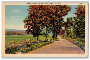 c1940 Greetings From Road Trees Field Glenville West Virginia Vintage Postcard