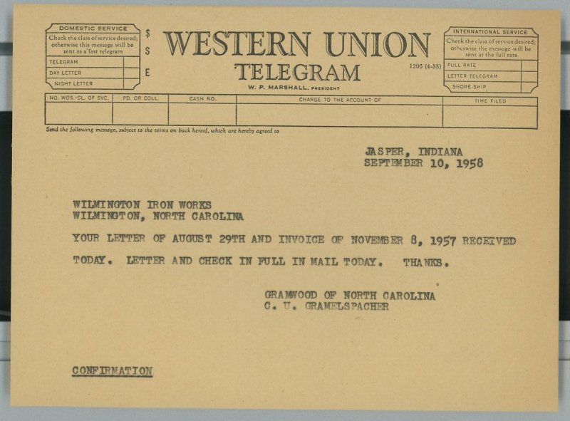 1958 Western Union Telegram Wilmington Iron Works North Carolina Confirmatio 305 