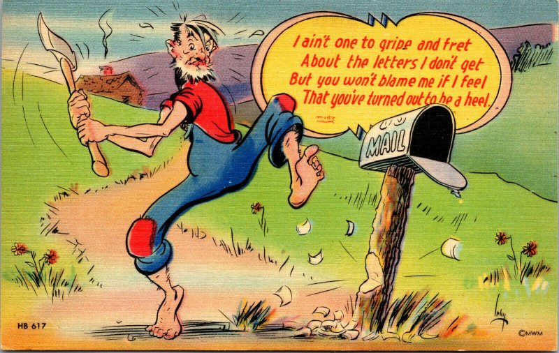Vtg Linen Comic Postcard Hillbilly Letters I Don't Get Humor Artist Signed Lehy