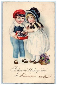 New Year Czech Republic Children Eating Chocolate Flowers In Basket Postcard