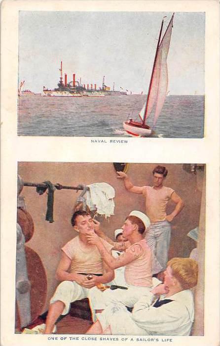 2  view card - Naval Review of Ships, Sailors Shaving