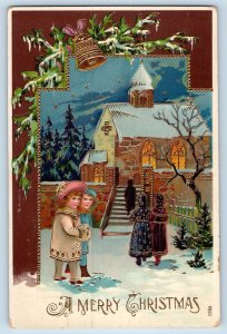 Christmas Postcard Children Going To Church Ringing Bell Winter Gel Gold Gilt