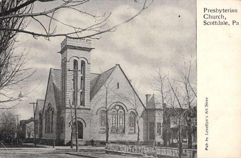 Scottdale Pennsylvania Presbyterian Church Street View Antique Postcard K53209