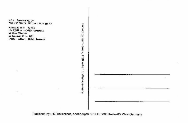 Aviateca Guatemala McDouglas DC 6 at Miami Airplane Postcard 1971