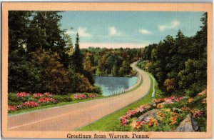 Scenic, Greeetings from Warren PA Vintage Linen Postcard F09