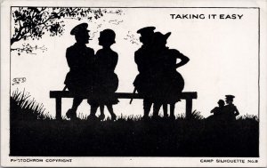 Camp Silhouette Taking It Easy Soldiers Women Smoking c1941 Postcard H46