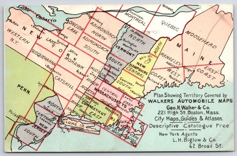 1907 Plan Showing Territory Covered By Walkers Automobile Maps Posted Postcard 