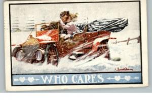 Couple Kissing in Car During Snowstorm c1910 Postcard