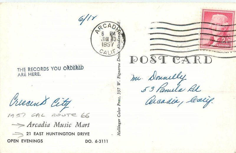 Postcard 1957 California Crescent Route 66 Night Arcadia Music Mart CA24-1915