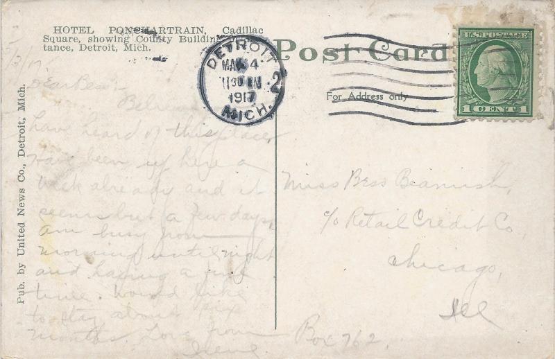 Hotel Ponchartrain, Detroit, Michigan, Early Postcard, Used in 1917