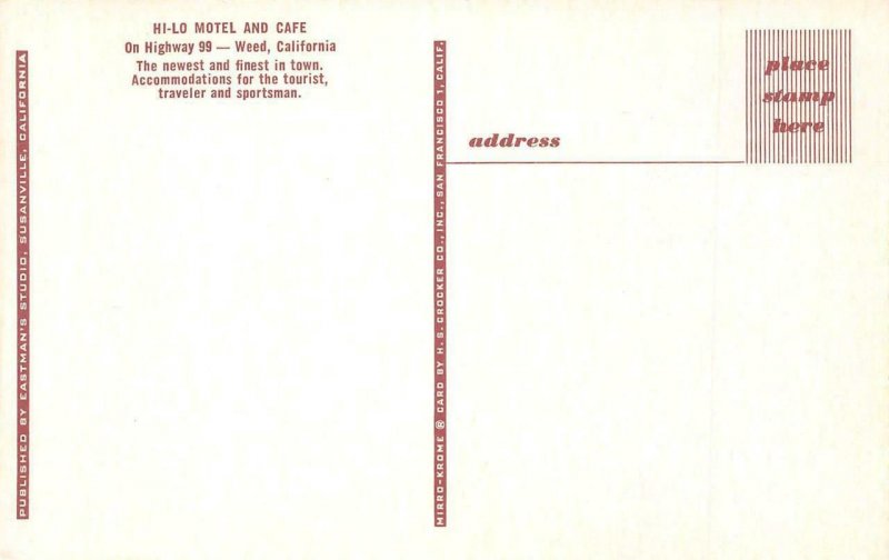 HI-LO MOTEL & CAFE Highway 99 Roadside WEED, CA c1950s Chrome Vintage Postcard