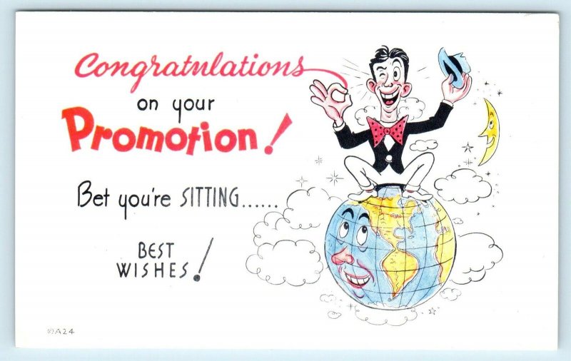 CONGRATULATIONS on Your Promotion Postcard c1950s Man on GLOBE Best Wishes