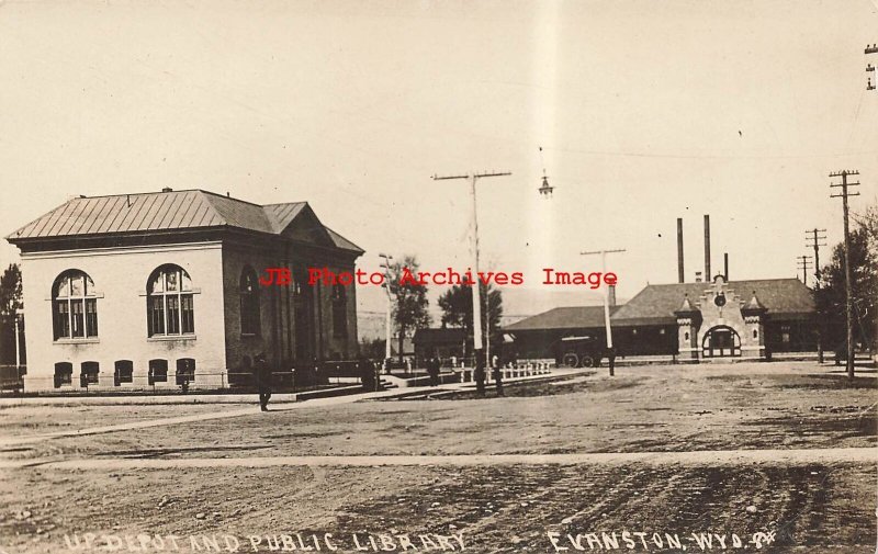 WY, Evanston, Wyoming, RPPC, Union Pacific Depot, Public Library, LL Cook No 8