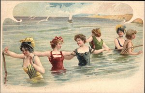 Bathing Beauties Women Colorful Bathing Suits Fine Lithograph c1905 Postcard