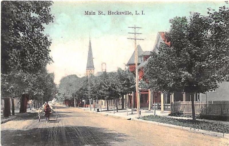 Hecksville L. I. NY Dirt Main Street Church Horse & Wagon Postcard 