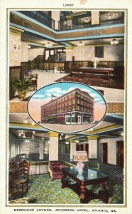 Vintage Postcard 1920s Lobby Mezzanine Lounge Jefferson Hotel Atlanta GA Georgia