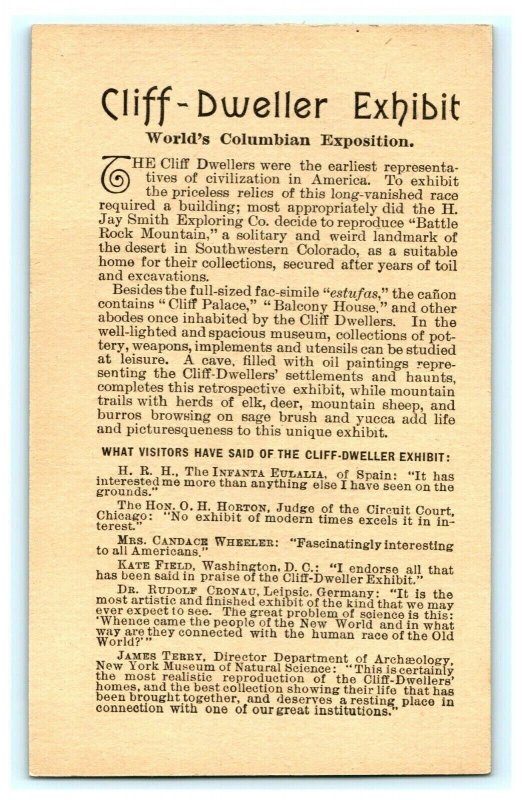 1893 Map Of World's Fair Cliff-Dweller Exhibit Balcony House Chicago B 7J