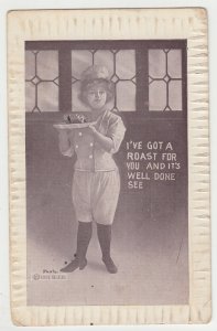 P2649 old postcard humor, a woman i got a roast for you & its well done