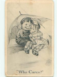 Pre-Linen signed GIRL AND BOY UNDER THE UMBRELLA AC2020