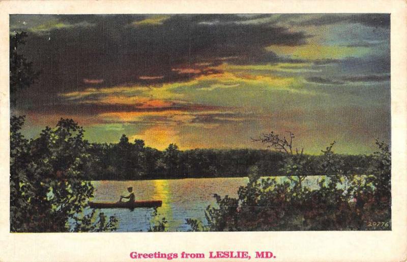 Leslie Maryland Sunset Waterfront Greeting Antique Postcard K86765