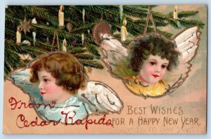 Cedar Rapids Iowa IA Postcard Best Wishes Happy New Year Embossed Glitter c1910