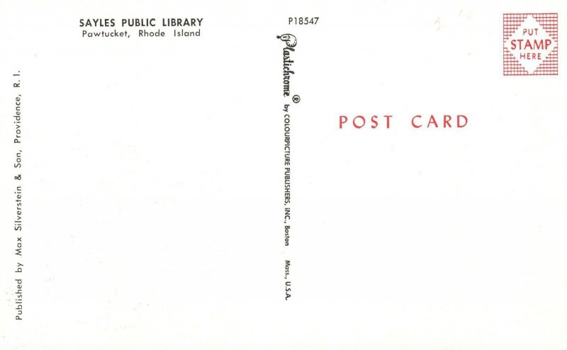 Sayles Public Library Pawtucket Rhode Island R.I. Vintage Postcard