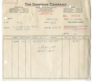 The Simmons Co. Kansas City MO Missouri Vintage 12-9-32 Invoice