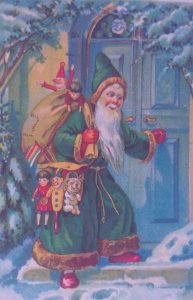 Santa Claus Green Robe Coat Old World Antique Vintage Christmas Postcard Unused