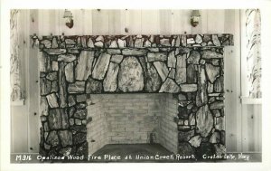 Crater Lake Hwy Oregon Union Creek Resort Wood Fireplace Photo Postcard 21-4778