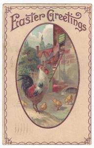Vintage Easter Postcard Rooster Hen Chicks Ladder 1914 Emb
