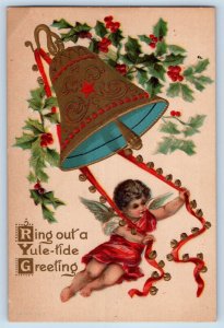 Christmas Postcard Greetings Angel Ringing Bell Holly Berries Embossed c1910's