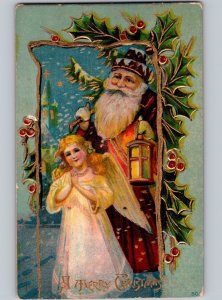 c1910 Merry Christmas Santa Claus Maroon Robe St Nicholas Angel Girl Embossed